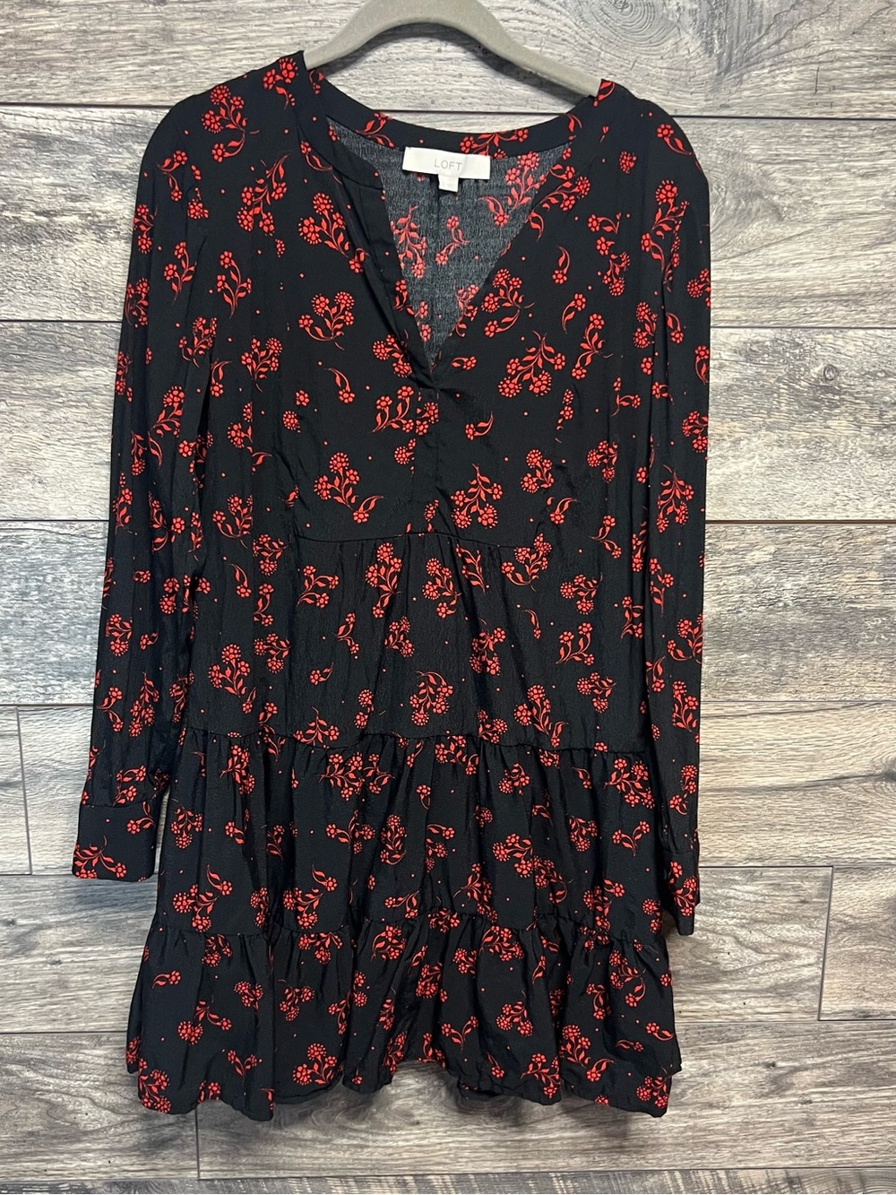 LOFT Black & Red Floral Tiered Mini Dress Women’s Small Boho Long Sleeve